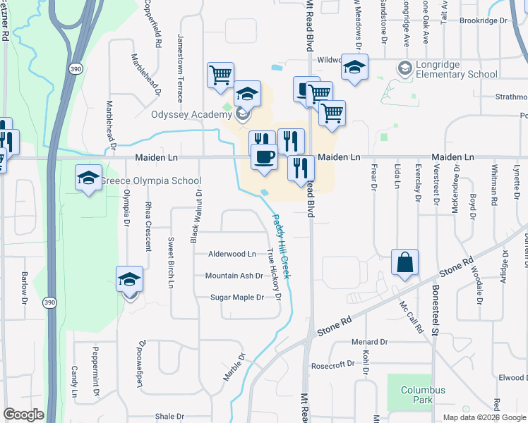 map of restaurants, bars, coffee shops, grocery stores, and more near 129 True Hickory Drive in Rochester