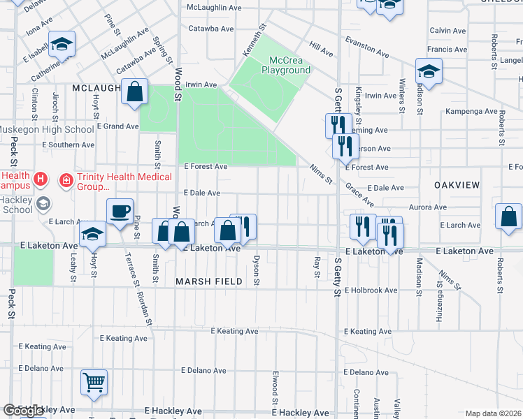 map of restaurants, bars, coffee shops, grocery stores, and more near 1724 Dyson Street in Muskegon