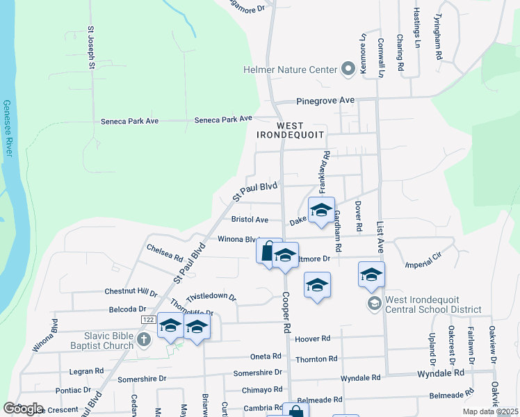 map of restaurants, bars, coffee shops, grocery stores, and more near 55 Radcliffe Road in Rochester