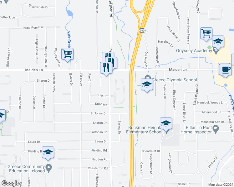 map of restaurants, bars, coffee shops, grocery stores, and more near 418 Squareview Lane in Rochester