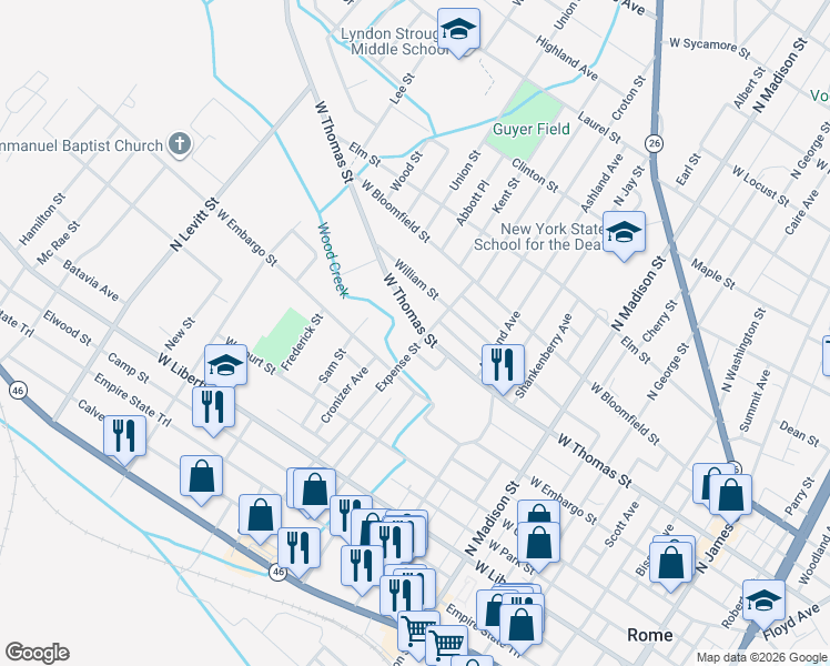 map of restaurants, bars, coffee shops, grocery stores, and more near 409 Expense Street in Rome
