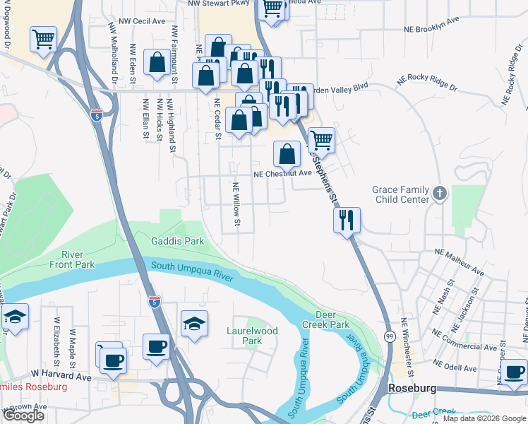 map of restaurants, bars, coffee shops, grocery stores, and more near 449 Northeast West Avenue in Roseburg
