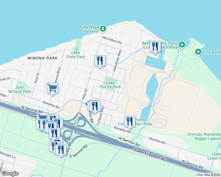map of restaurants, bars, coffee shops, grocery stores, and more near 200 Springstead Avenue in Hamilton