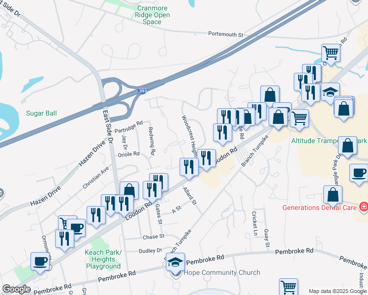 map of restaurants, bars, coffee shops, grocery stores, and more near 2B Salisbury Green Road in Concord