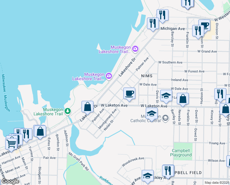 map of restaurants, bars, coffee shops, grocery stores, and more near 1742 Schuyler Street in Muskegon