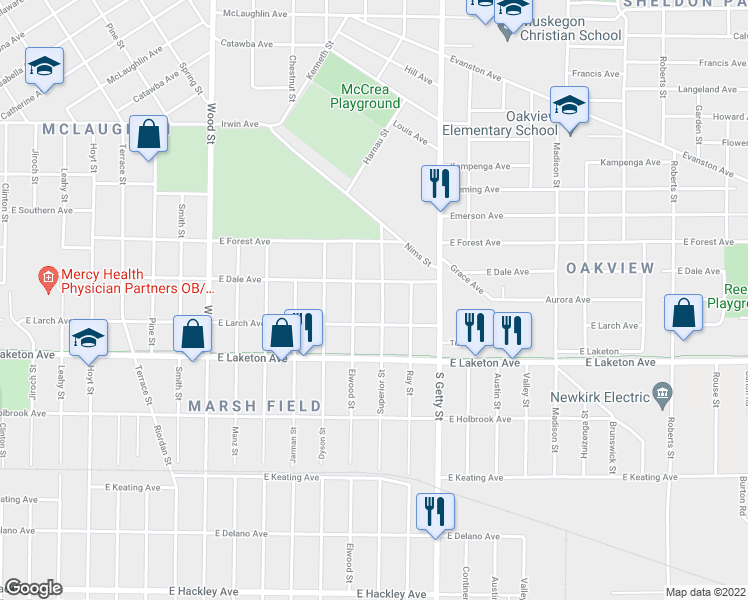 map of restaurants, bars, coffee shops, grocery stores, and more near 1724 Elwood Street in Muskegon