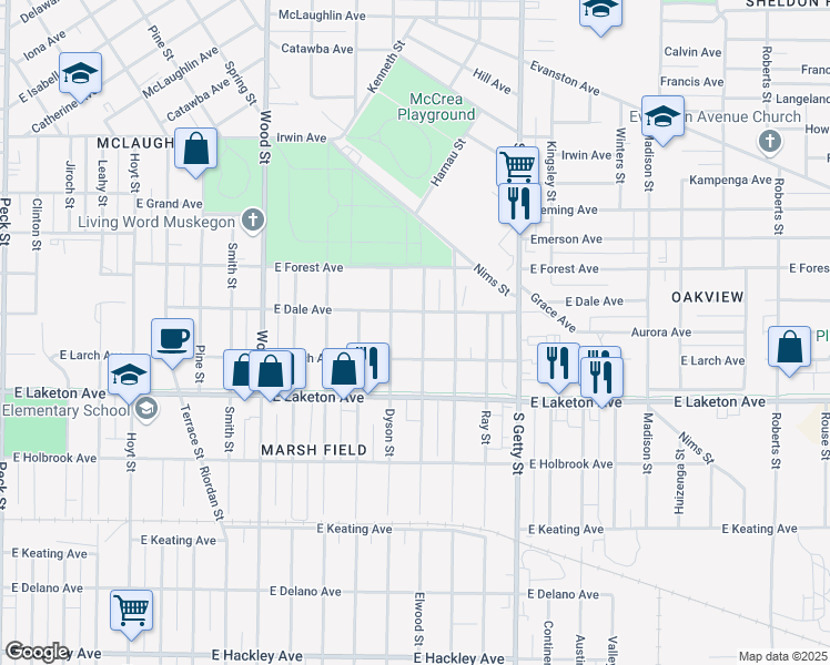 map of restaurants, bars, coffee shops, grocery stores, and more near 1695 Elwood Street in Muskegon