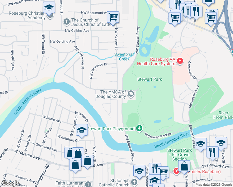 map of restaurants, bars, coffee shops, grocery stores, and more near 1492 Northwest Carl Avenue in Roseburg