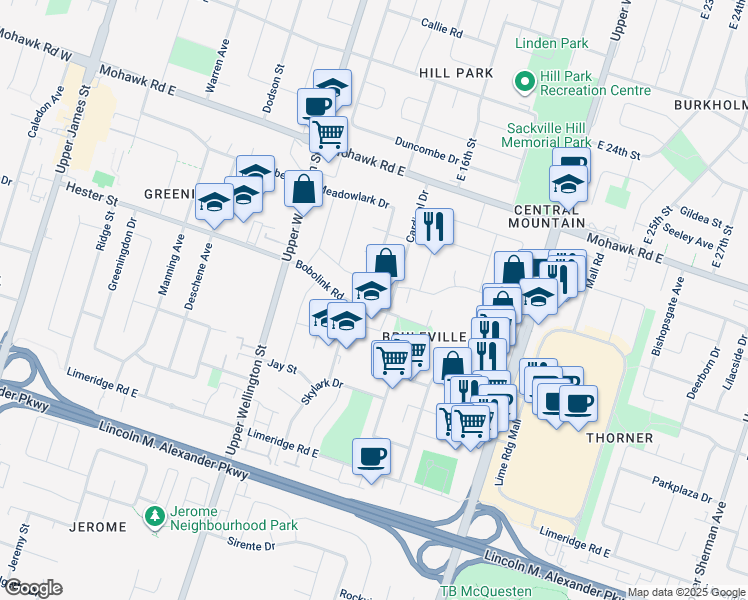 map of restaurants, bars, coffee shops, grocery stores, and more near in Hamilton