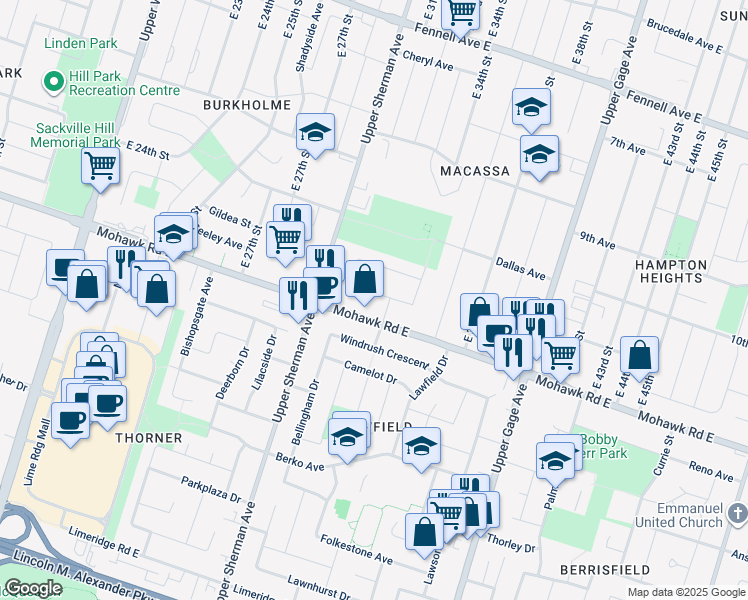 map of restaurants, bars, coffee shops, grocery stores, and more near 46 Cameo Avenue in Hamilton