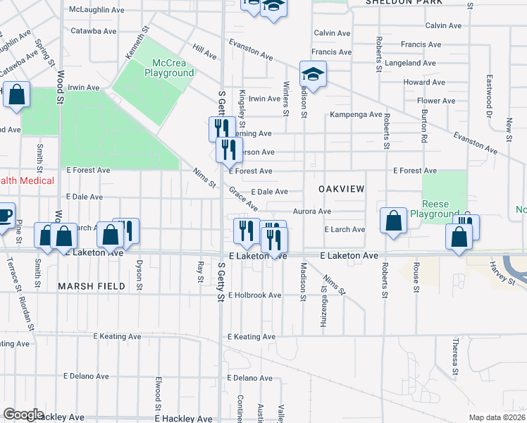 map of restaurants, bars, coffee shops, grocery stores, and more near 931 Aurora Avenue in Muskegon