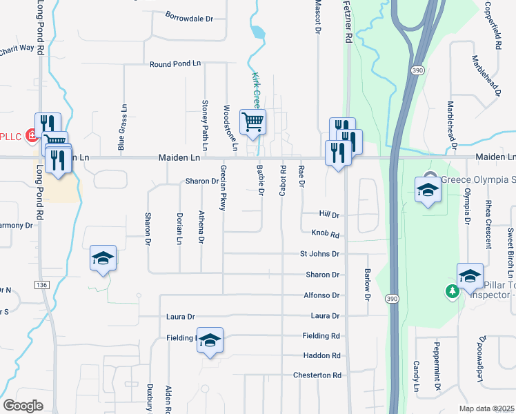 map of restaurants, bars, coffee shops, grocery stores, and more near 10 Barbie Court in Rochester