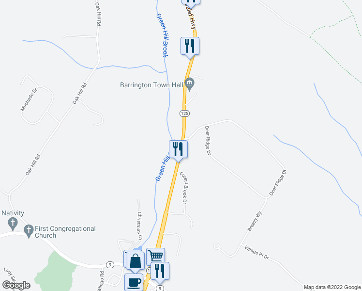 map of restaurants, bars, coffee shops, grocery stores, and more near 376 Calef Highway in Barrington