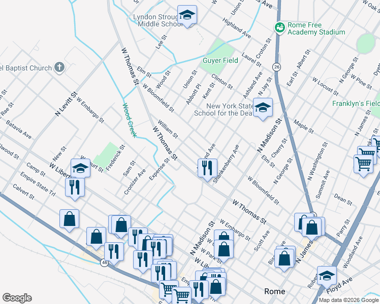 map of restaurants, bars, coffee shops, grocery stores, and more near 528 West Thomas Street in Rome