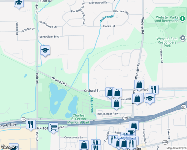 map of restaurants, bars, coffee shops, grocery stores, and more near 61 Woodstone Circle in Webster