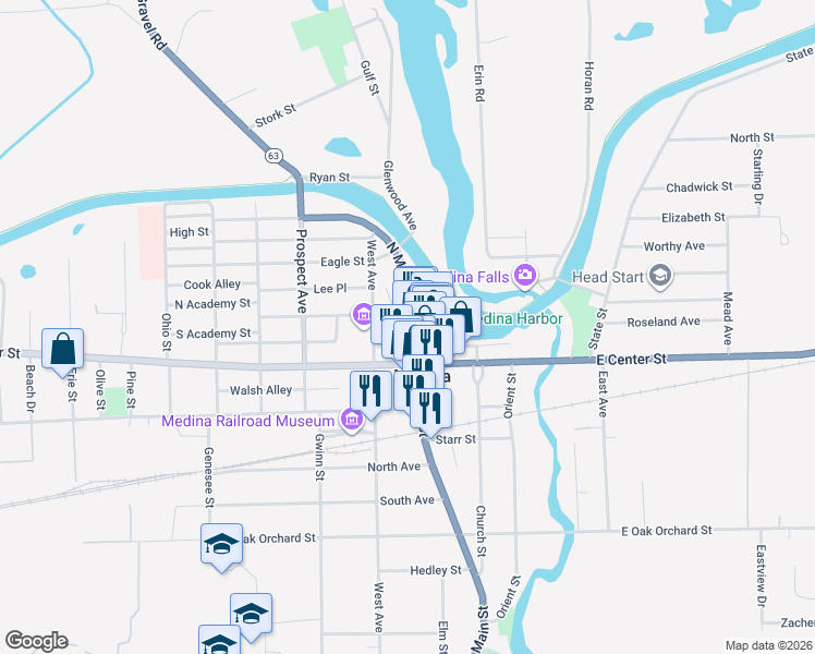 map of restaurants, bars, coffee shops, grocery stores, and more near 410 Main Street in Medina