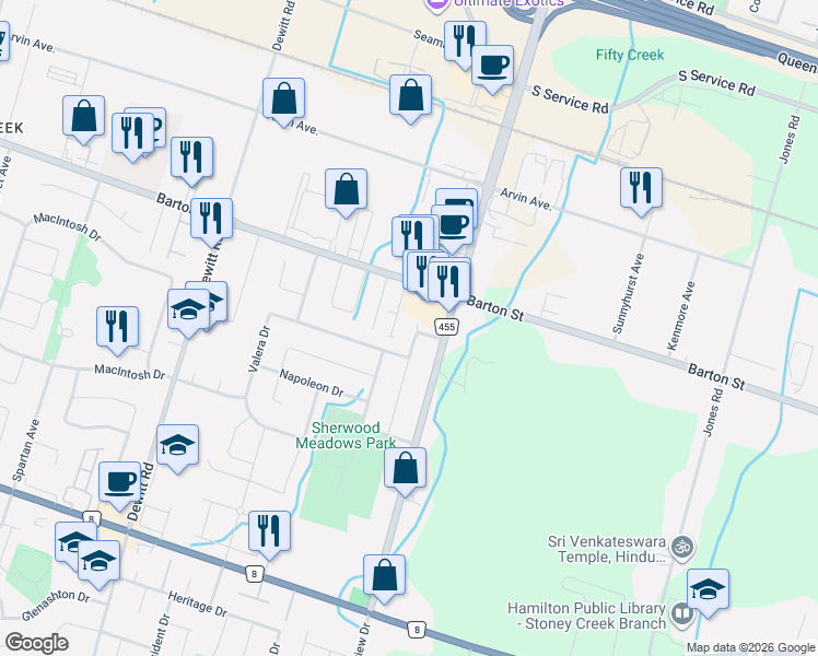 map of restaurants, bars, coffee shops, grocery stores, and more near 47 Sandy Drive in Hamilton