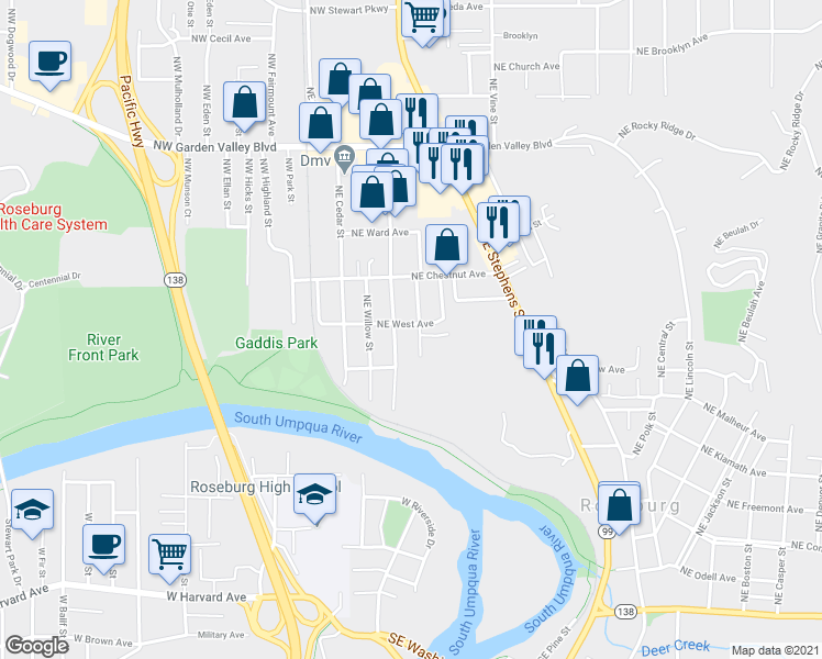 map of restaurants, bars, coffee shops, grocery stores, and more near 931 Walnut Street in Roseburg
