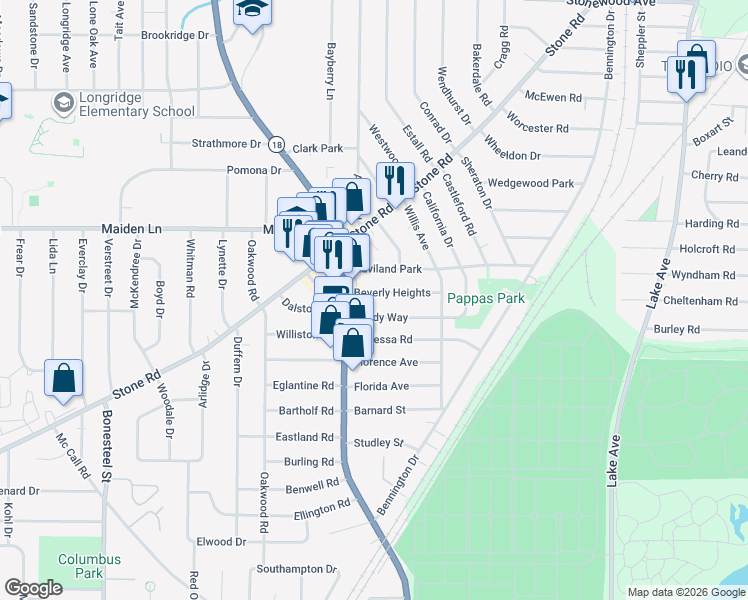 map of restaurants, bars, coffee shops, grocery stores, and more near 98 Shady Way in Rochester
