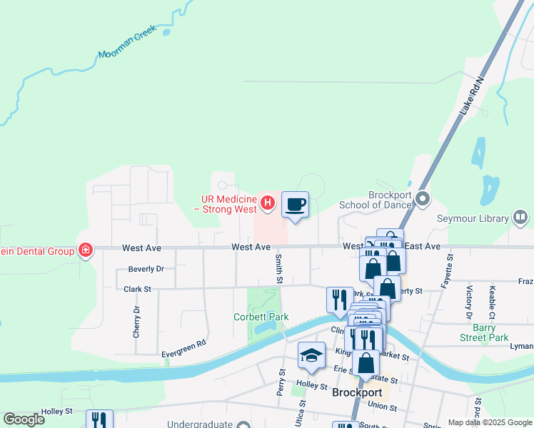 map of restaurants, bars, coffee shops, grocery stores, and more near 156 West Avenue in Brockport