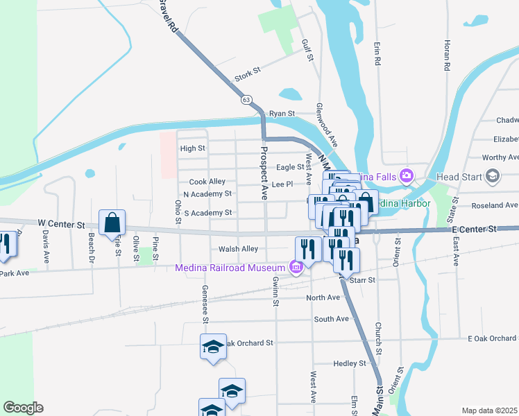 map of restaurants, bars, coffee shops, grocery stores, and more near 415 Prospect Avenue in Medina