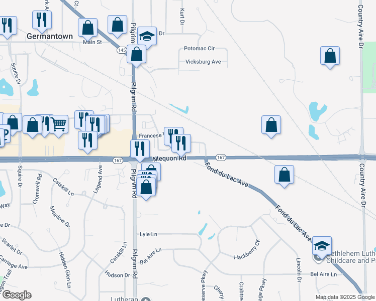 map of restaurants, bars, coffee shops, grocery stores, and more near N112 W15237 Mequon Road in Germantown