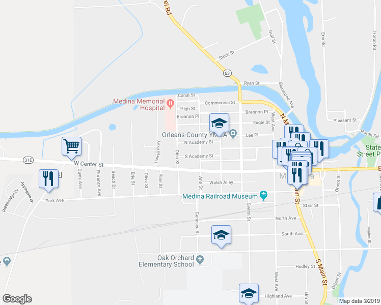 map of restaurants, bars, coffee shops, grocery stores, and more near 508 South Academy Street in Medina
