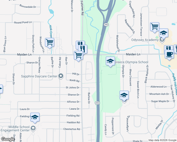 map of restaurants, bars, coffee shops, grocery stores, and more near 135 Squareview Lane in Monroe County