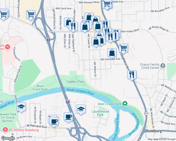 map of restaurants, bars, coffee shops, grocery stores, and more near 945 Northeast Cedar Street in Roseburg