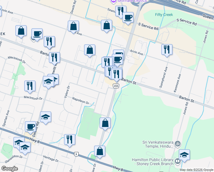 map of restaurants, bars, coffee shops, grocery stores, and more near 47 Sandy Drive in Hamilton