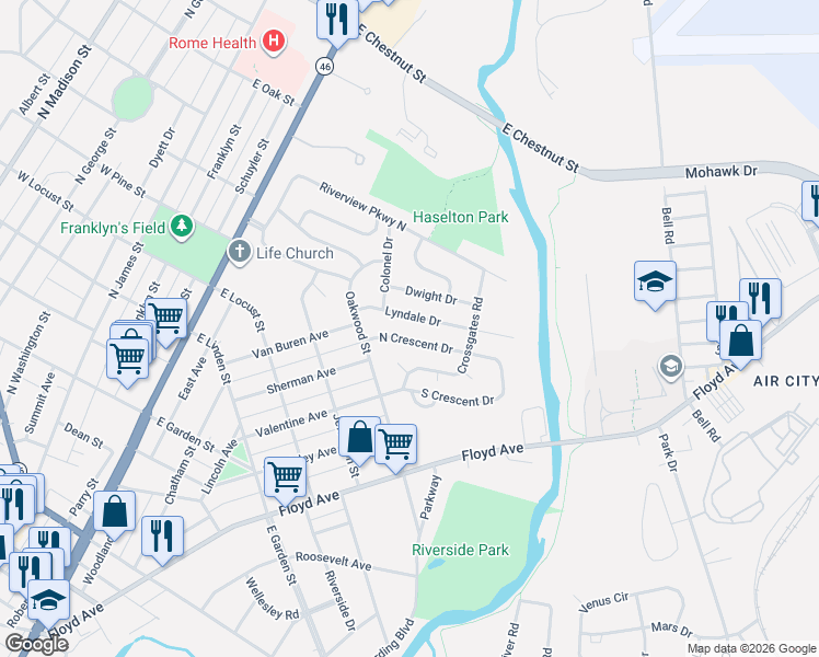 map of restaurants, bars, coffee shops, grocery stores, and more near 112 North Crescent Drive in Rome