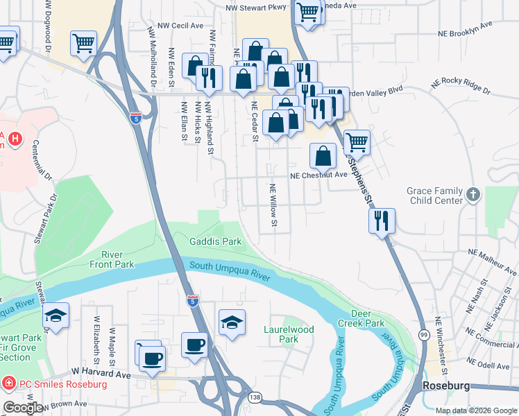 map of restaurants, bars, coffee shops, grocery stores, and more near 945 Northeast Cedar Street in Roseburg
