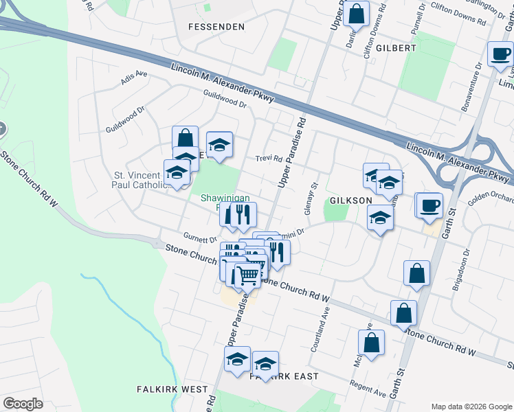 map of restaurants, bars, coffee shops, grocery stores, and more near 22 Novoco Drive in Hamilton
