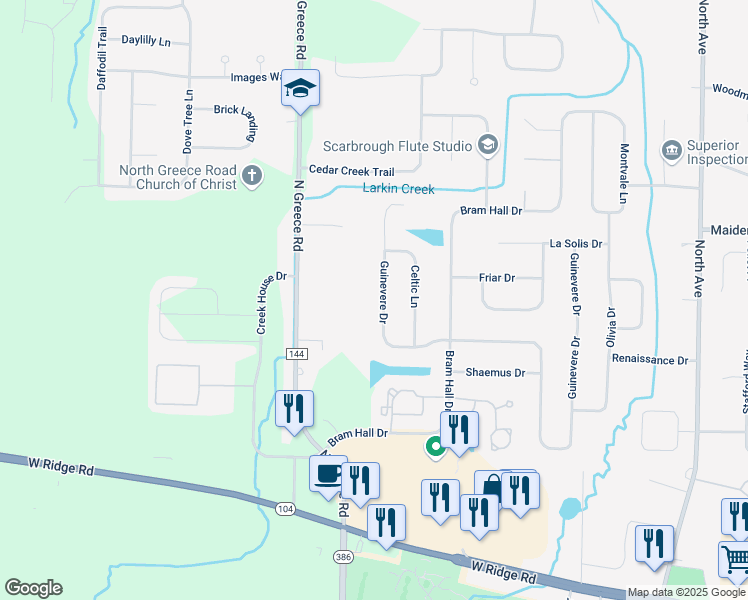 map of restaurants, bars, coffee shops, grocery stores, and more near 913 Guinevere Drive in Rochester