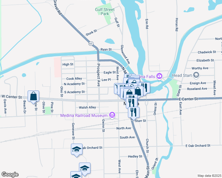 map of restaurants, bars, coffee shops, grocery stores, and more near 410 West Avenue in Medina