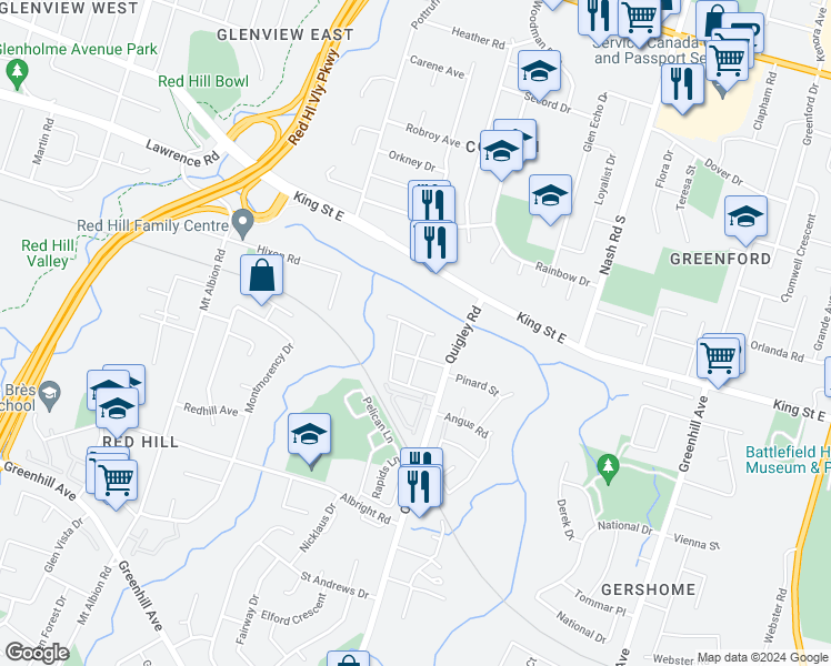 map of restaurants, bars, coffee shops, grocery stores, and more near 100 Quigley Road in Hamilton