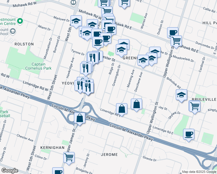 map of restaurants, bars, coffee shops, grocery stores, and more near 97 Greeningdon Drive in Hamilton