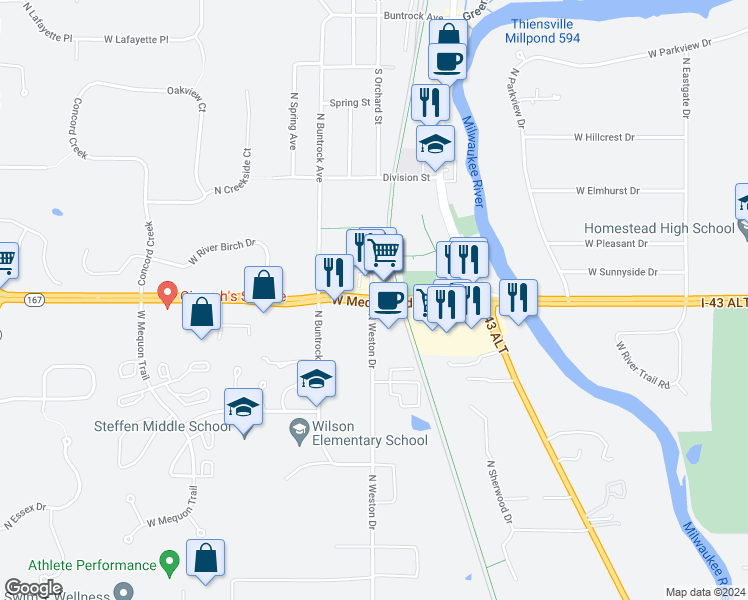map of restaurants, bars, coffee shops, grocery stores, and more near 6213 West Mequon Road in Mequon