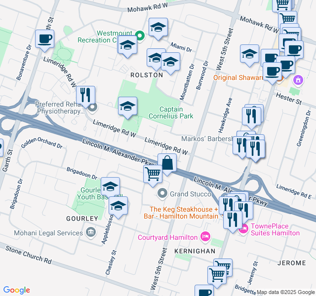 map of restaurants, bars, coffee shops, grocery stores, and more near 165 Limeridge Road West in Hamilton