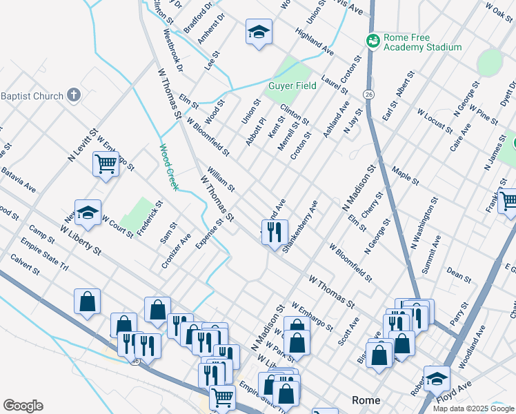 map of restaurants, bars, coffee shops, grocery stores, and more near 507 William Street in Rome
