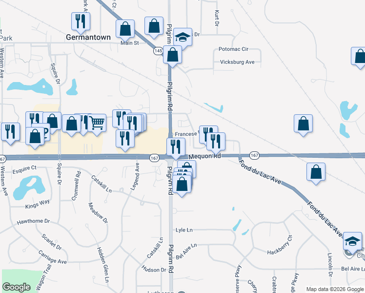 map of restaurants, bars, coffee shops, grocery stores, and more near N113W15511 Francese Drive in Germantown