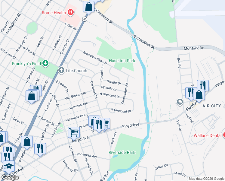 map of restaurants, bars, coffee shops, grocery stores, and more near 122 North Crescent Drive in Rome