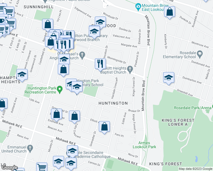 map of restaurants, bars, coffee shops, grocery stores, and more near 101 Organ Crescent in Hamilton
