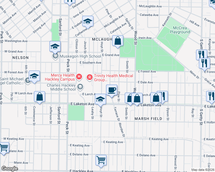 map of restaurants, bars, coffee shops, grocery stores, and more near 1728 Terrace Street in Muskegon