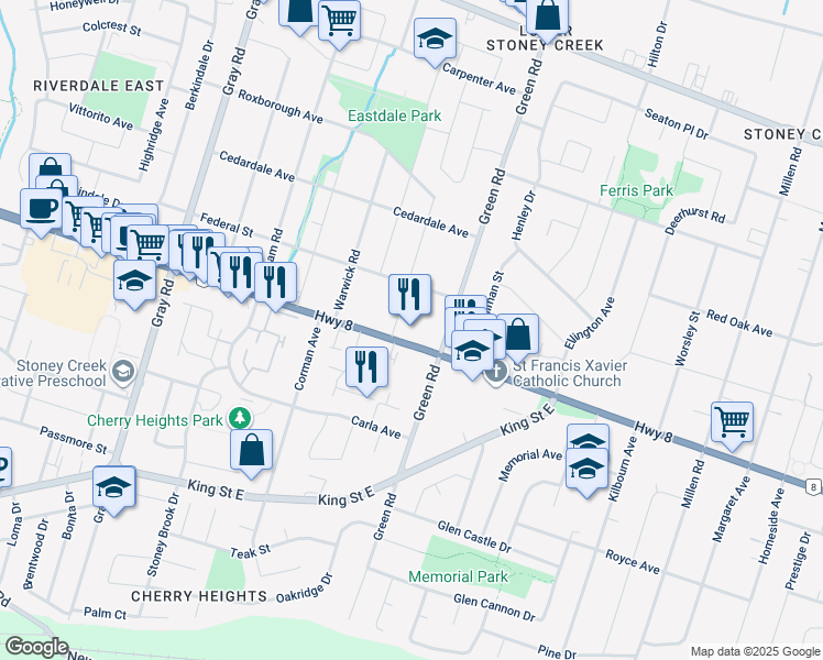 map of restaurants, bars, coffee shops, grocery stores, and more near in Hamilton