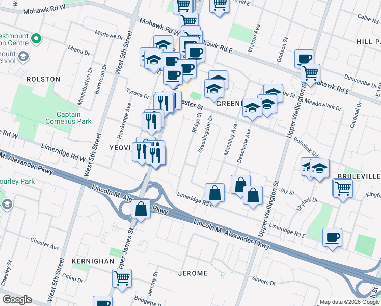 map of restaurants, bars, coffee shops, grocery stores, and more near 97 Greeningdon Drive in Hamilton