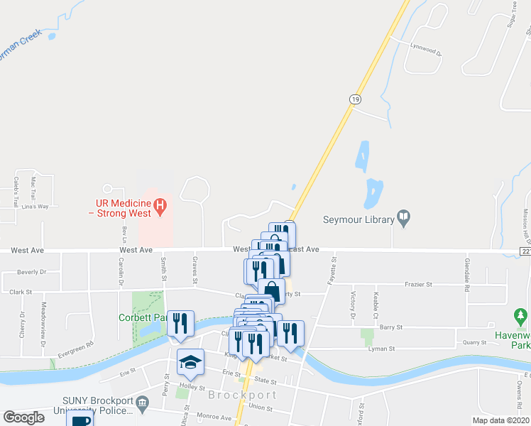 map of restaurants, bars, coffee shops, grocery stores, and more near Wellington Woods Drive East in Brockport