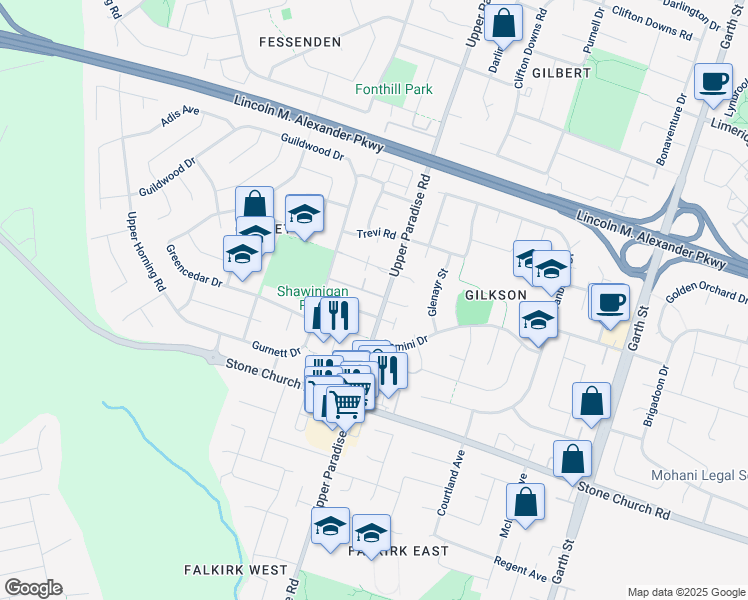 map of restaurants, bars, coffee shops, grocery stores, and more near 800 Upper Paradise Road in Hamilton