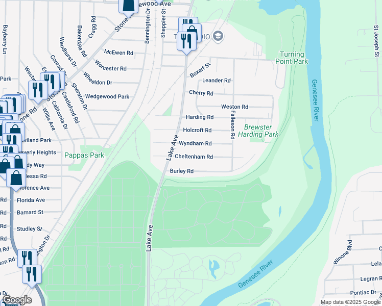 map of restaurants, bars, coffee shops, grocery stores, and more near 72 Burley Road in Rochester