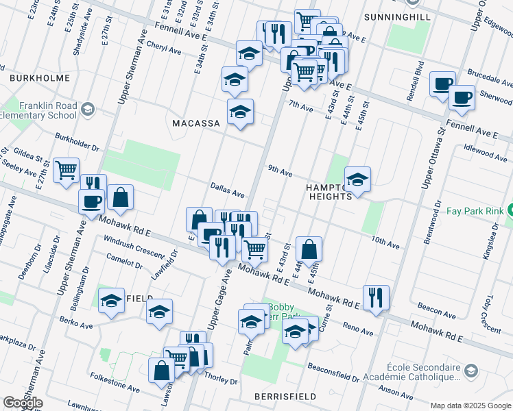 map of restaurants, bars, coffee shops, grocery stores, and more near in Hamilton